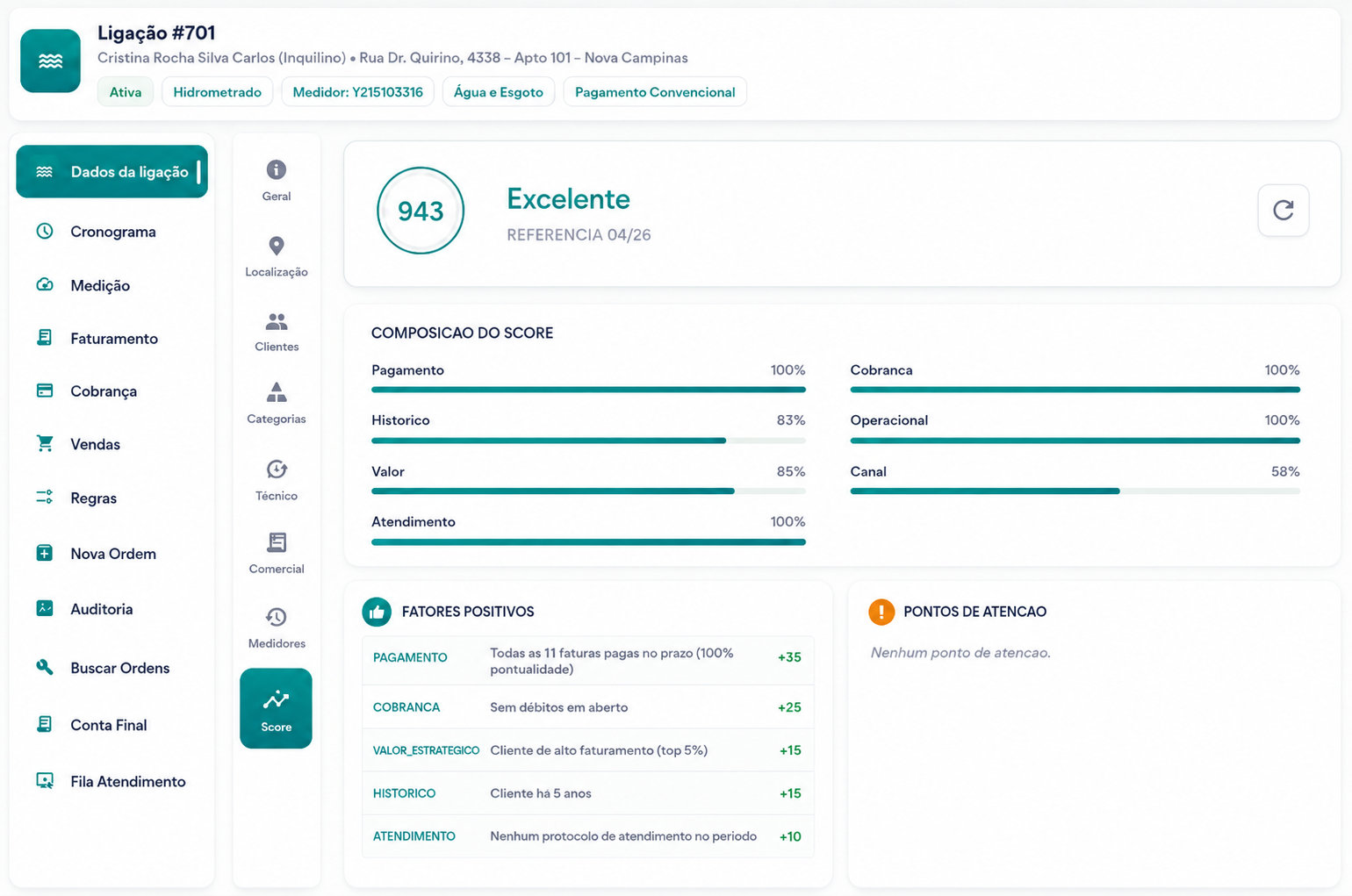 Tela Score do Cliente FlexSan com composição do score e fatores positivos
